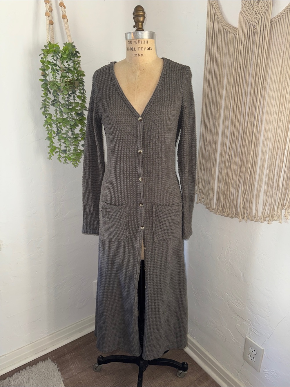 Anama Long Knit Button-Front Cardigan in Charcoal Gray